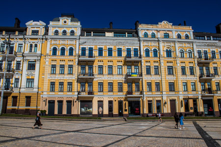 Facade of a building and architecture of the city of Kyiv, the capital of Ukraine during the war...
