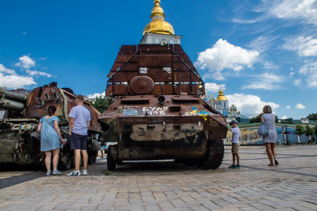 The exhibition of destroyed Russian military equipment is an outdoor exhibit and features Russian military equipment that has been captured and destroyed by Ukraine since the start of the war. The presentation of this destroyed Russian military material iのeditorial素材