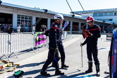 Simulation of firefighter intervention on a car accident. The firefighters of the Marchandeau fire station in Reims open their doors. The event is organized on the occasion of the 30th anniversary of the rescue center.のeditorial素材