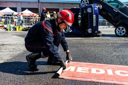 Simulation of firefighter intervention on a car accident. The firefighters of the Marchandeau fire station in Reims open their doors. The event is organized on the occasion of the 30th anniversary of the rescue center.のeditorial素材