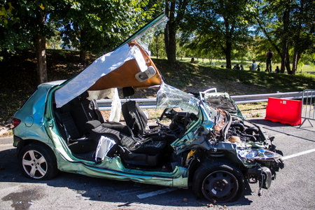 Simulation of firefighter intervention on a car accident. The firefighters of the Marchandeau fire station in Reims open their doors. The event is organized on the occasion of the 30th anniversary of the rescue center.のeditorial素材