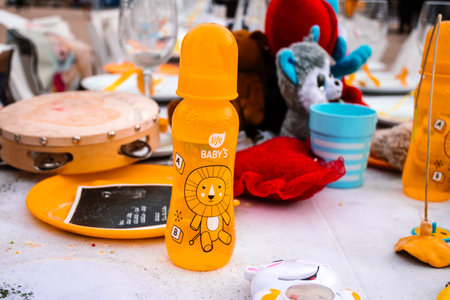 Tel Aviv, Israel - December 17, 2023 People placed toys and objects on the table along with photos of Israeli children taken hostage and held captive by Hamas terrorists in Gaza strip.のeditorial素材