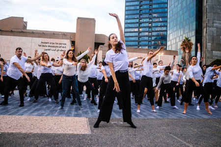 Tel Aviv, Israel - December 17, 2023 Students from a dance school gathered at Hostage Square...