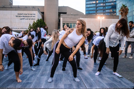 Tel Aviv, Israel - December 17, 2023 Students from a dance school gathered at Hostage Square...