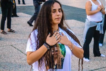 Tel Aviv, Israel - December 17, 2023 Students from a dance school gathered at Hostage Square...