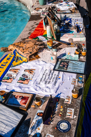 Tel Aviv, Israel - December 15, 2023. Dizengoff Square Memorial, Gifts and posters of the faces of...