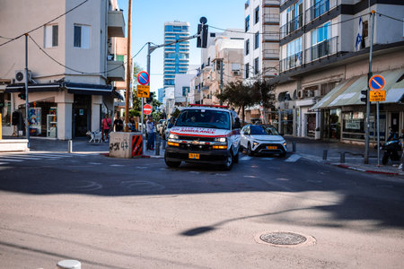 Tel Aviv, Israel - December 15, 2023 Israeli ambulance rolling in the streets of Tel Aviv in Israel.のeditorial素材