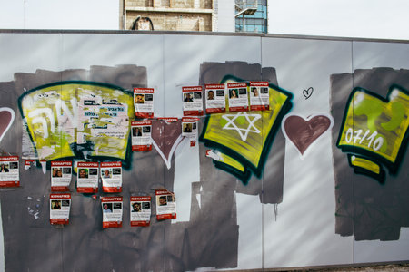 Tel Aviv, Israel - December 10, 2023 Posters of the face of the hostages kidnapped by Hamas during...