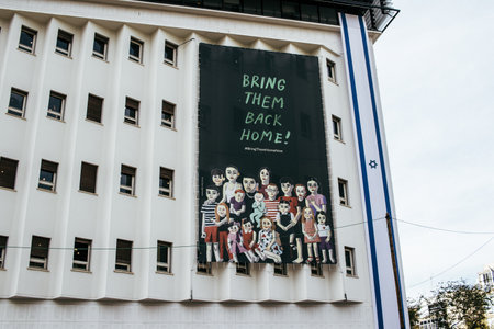 Tel Aviv, Israel - December 10, 2023 Posters of the face of the hostages kidnapped by Hamas during...