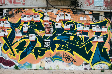 Tel Aviv, Israel - December 10, 2023 Posters of the face of the hostages kidnapped by Hamas during...