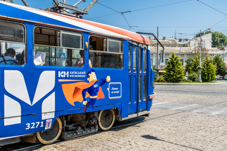 Odessa, Ukraine, July 18, 2024 The Odessa tram continues to operate while the city is regularly bombed, public services in Odessa are the target of Russian missiles and sirens sound every day.のeditorial素材