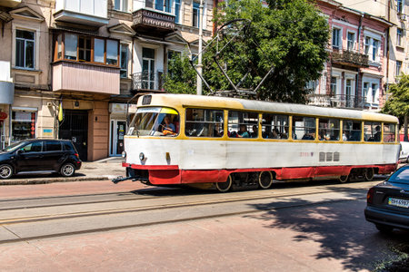 Odessa, Ukraine, July 27, 2024 The Odessa tram continues to operate while the city is regularly bombed, public services in Odessa are the target of Russian missiles and sirens sound every day.のeditorial素材