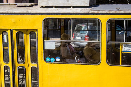 Lviv, Ukraine, August 25, 2024 Lviv tram continues to operate while the city is regularly under threat of bombing and ballistic attack. Public services of Lviv are targeted by Russian missiles.の写真素材