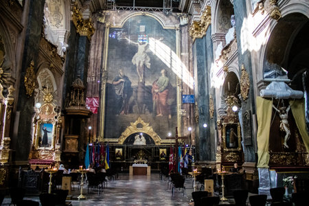 Lviv, Ukraine, August 28, 2024 Church of the Most Holy Apostles Peter and Paul in Lviv. It is in this church that religious ceremonies take place every day before the burial of Ukrainian soldiers.の写真素材