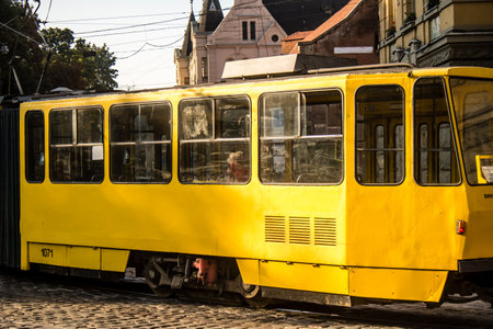 Lviv, Ukraine, August 18, 2024 Lviv tram continues to operate while the city is regularly under threat of bombing and ballistic attack. Public services of Lviv are targeted by Russian missiles.の写真素材