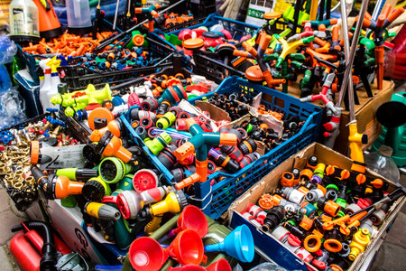 Odessa, Ukraine, July 21, 2024 Industrial supply, tools and equipment for home renovation sold at the Starokonny market in Odessa. Resident find everything they need for their home in this bazaar.のeditorial素材