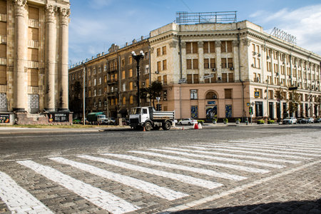 Kharkiv, Ukraine, September 18, 2024 Cityscape of Kharkiv. During the war with Russia, Kharkiv buildings are threatened by missiles. Infrastructure and buildings are prime targets.のeditorial素材