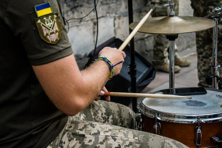 Lviv, Ukraine, August 18, 2024 Ukrainian military music group Siver Orchestra performing in a fundraiser for the Ukrainian army at the city of Lviv in Ukraine.のeditorial素材