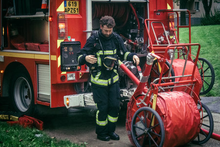 Reims, France, October 18, 2024 Marne firefighters intervene to extinguish a fire in the basement of a residential building in the district of Reims. They extinguish approximately 3,200 fires per yearのeditorial素材