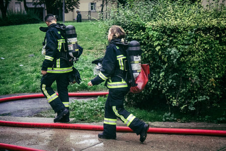 Reims, France, October 18, 2024 Marne firefighters intervene to extinguish a fire in the basement of a residential building in the district of Reims. They extinguish approximately 3,200 fires per yearのeditorial素材