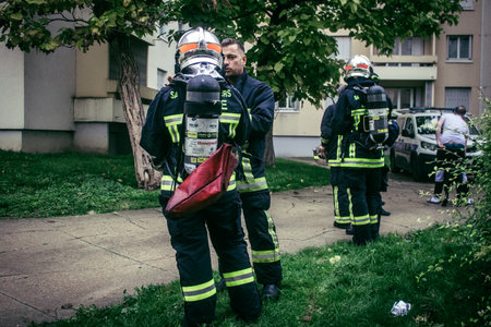 Reims, France, October 18, 2024 Marne firefighters intervene to extinguish a fire in the basement of a residential building in the district of Reims. They extinguish approximately 3,200 fires per yearのeditorial素材