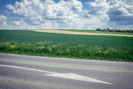 Reims, France, May 14, 2025. Champagne landscape near the city of Reims in France. In spring, the cereal fields in the Champagne plain begin to grow and cover the horizon with an intense green.の写真素材