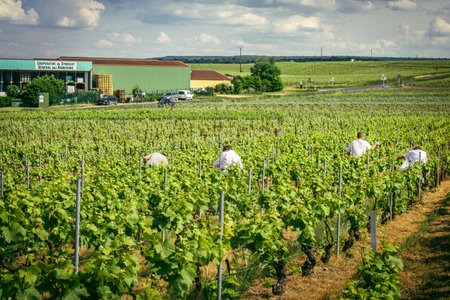 Reims, France, May 13, 2025. Champagne vineyards near Reims. Champagne wines are known worldwide and are unique because they only grow in this region of France. In spring, the leaves begin to grow.の写真素材