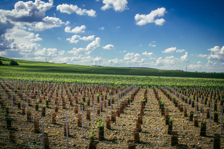 Reims, France, May 13, 2025. Champagne vineyards near Reims. Champagne wines are known worldwide and are unique because they only grow in this region of France. In spring, the leaves begin to grow.の写真素材
