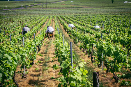 Reims, France, May 13, 2025. Champagne vineyards near Reims. Champagne wines are known worldwide and are unique because they only grow in this region of France. In spring, the leaves begin to grow.の写真素材