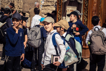 Jerusalem, Israel - February 18, 2026. Children standing at the Western Wall plaza, Jerusalem....