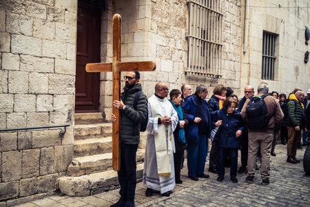 Jerusalem, Israel, 19 February 2026  Italian Christian pilgrims led by a priest conduct an official...