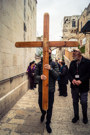 Jerusalem, Israel, 19 February 2026  Italian Christian pilgrims led by a priest conduct an official...