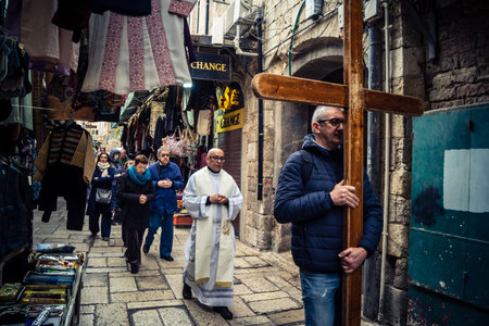 Jerusalem, Israel, 19 February 2026  Italian Christian pilgrims led by a priest conduct an official...