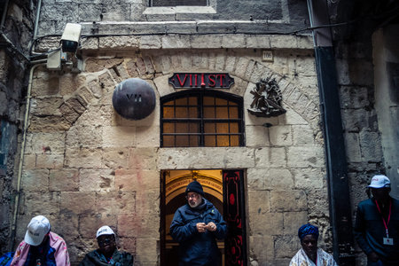 Jerusalem, Israel, 19 February 2026 The historic Via Dolorosa path in the Old City. Ancient stone...