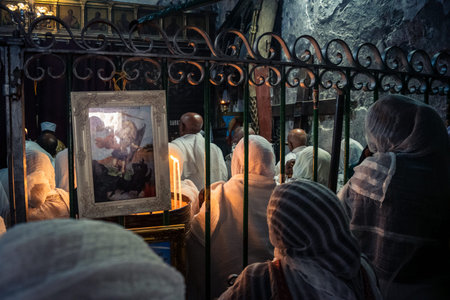 Jerusalem, Israel, 19 February 2026 Ethiopian Coptic Christian believers praying and prostrating...