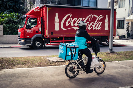 Tel Aviv, Israel, February 26 2026, People riding bicycles on Rothschild Boulevard, dense flow of...