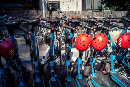 Tel Aviv, Israel, February 25 2026, electric scooters used for urban micro mobility, a modern...