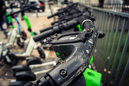 Tel Aviv, Israel, January 21, 2026 Parked electric scooters along the Rothschild BoulevardÂ a...