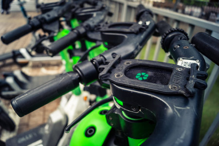 Tel Aviv, Israel, January 21, 2026 Parked electric scooters along the Rothschild BoulevardÂ a...