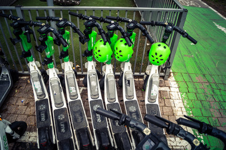 Tel Aviv, Israel, January 21, 2026 Parked electric scooters along the Rothschild BoulevardÂ a...