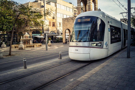 Tel Aviv, Israel, January 9, 2026 Tram drive through the historic downtown district of Tel Aviv...