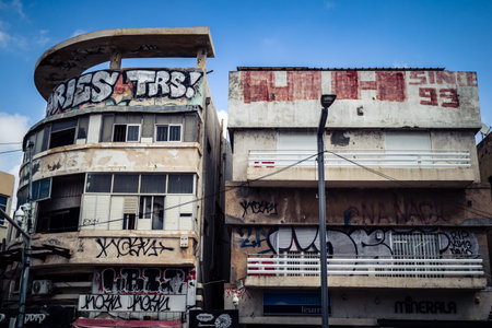 Tel Aviv, Israel, March 15, 2026 Architectural street scene featuring the iconic buildings and urban design of the white city with its distinct mediterranean atmosphere and residential structures.のeditorial素材
