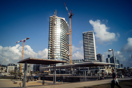 Tel Aviv, Israel, â€‹March 16, 2026 Coastal view featuring the modern architectural skyline of...