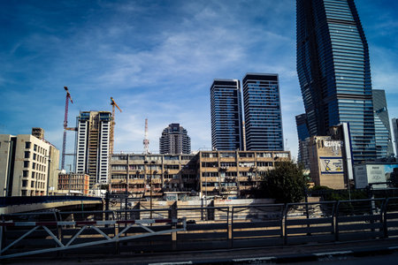 Tel Aviv, Israel, March 6, 2026 A wide view of the modern city skyline and urban architecture. The...