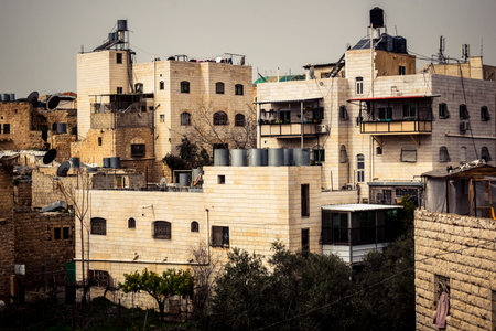 Hebron, West Bank, February 9, 2026 Panoramic views of the ancient buildings and rooftops in the Old City of Hebron. A strategic perspective of the urban landscape and historical architecture.のeditorial素材