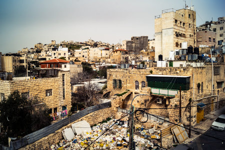 Hebron, West Bank, February 9, 2026 Panoramic views of the ancient buildings and rooftops in the Old City of Hebron. A strategic perspective of the urban landscape and historical architecture.のeditorial素材
