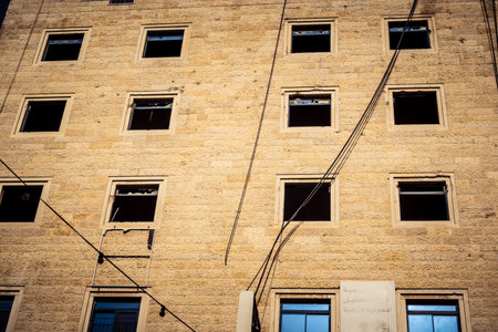 Hebron, West Bank, January 30, 2026 Urban facades and traditional stone buildings in downtown Hebron. Detailed view of the city's architectural landscape and dwellings.のeditorial素材