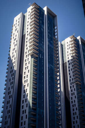 Tel Aviv, Israel, March 17, 2026 Detailed view focusing on the geometric alignment and vertical...
