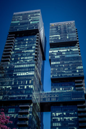 Tel Aviv, Israel, March 17, 2026 Detailed view focusing on the geometric alignment and vertical...