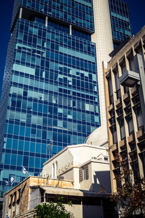 Tel Aviv, Israel, January 3, 2026 Detail of a building facade, illustrating the city unique architectural heritage. These structures, ranging from historic Bauhaus to modern residential designs.のeditorial素材